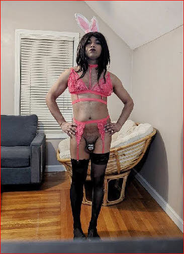 Disgraced failed male SissyHypnoFag wearing a ridiculous bunny girl outift